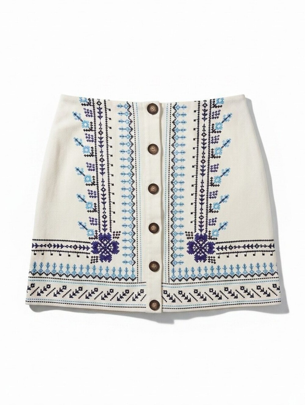 NWT! Francesca's Embroidered Button-Front White Mini Skirt with Blue Accents
